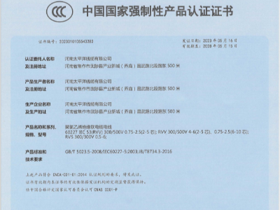 聚录乙烯绝缘软電(diàn)線(xiàn)電(diàn)缆中國(guó)國(guó)家强制性产品认证证书